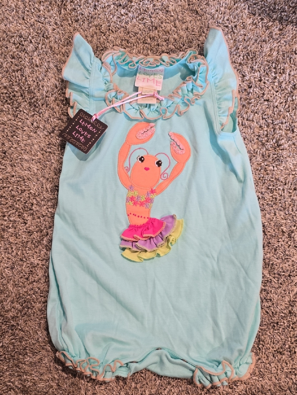Lemon Loves Lime Aqua Crab Ruffle Romper with Colorful Skirt Appliqué